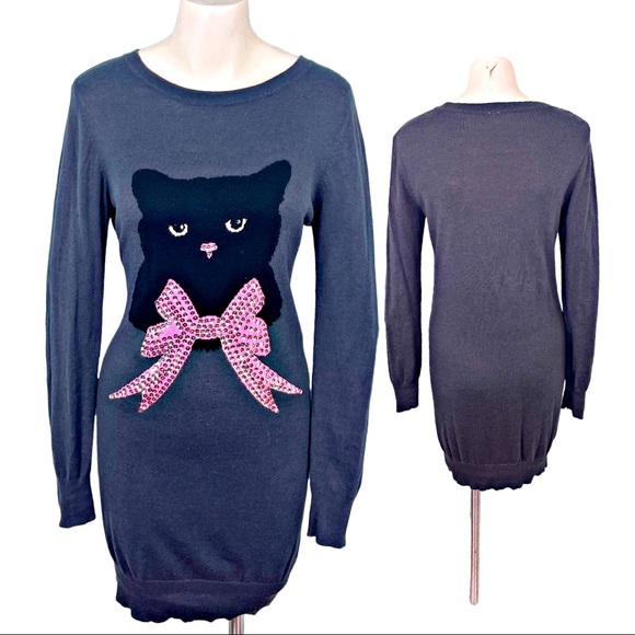 VINTAGE Dress Mini Sweater Black Cat w Pink Sequin Bow Long Sleeve Round neck 12